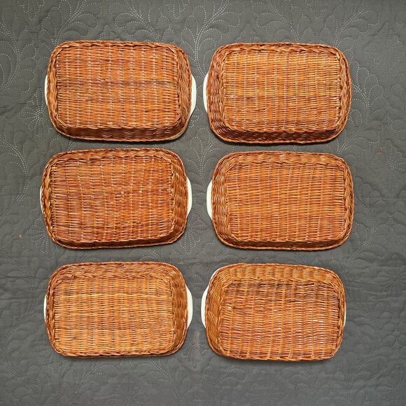 Vintage Rare 6pc Ceramic Flower Rectangular Bowl in Wicker Basket Hand Painted - Picture 2 of 9